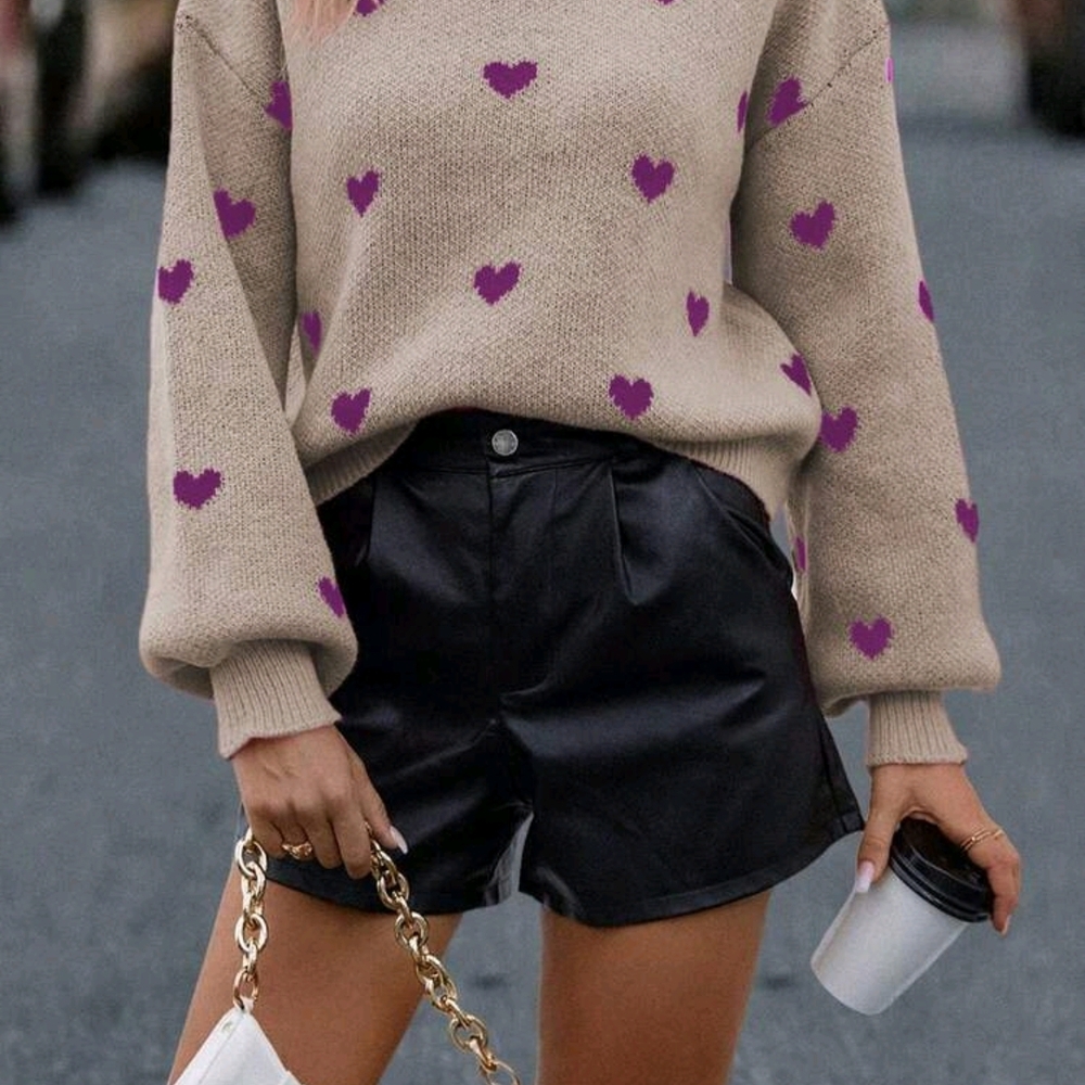 SHEIN Tan Sweater with Purple Hearts